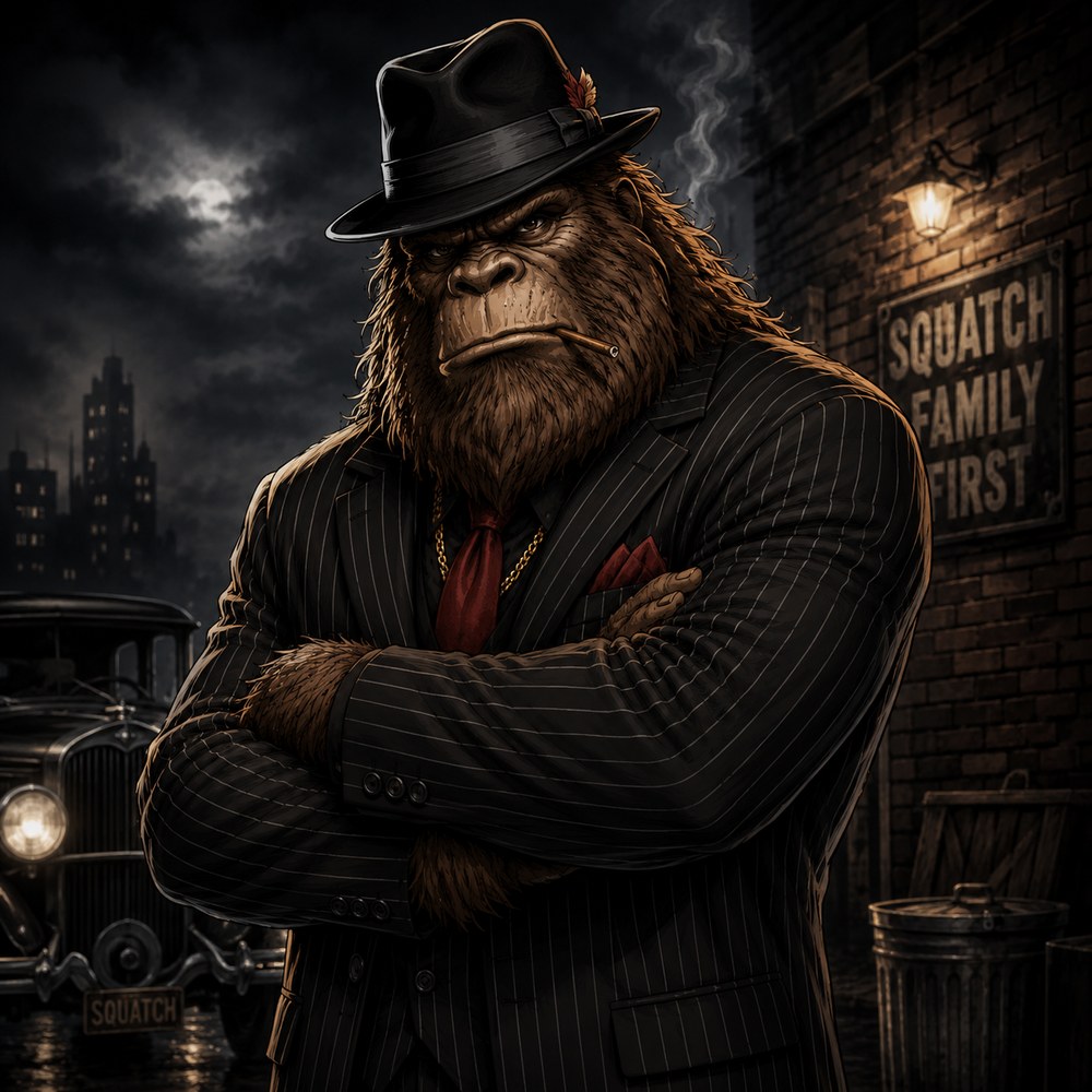 The Don: a bigfoot in a pinstripe suit and fedora, arms crossed under a Squatch Family First sign in a dark alley.